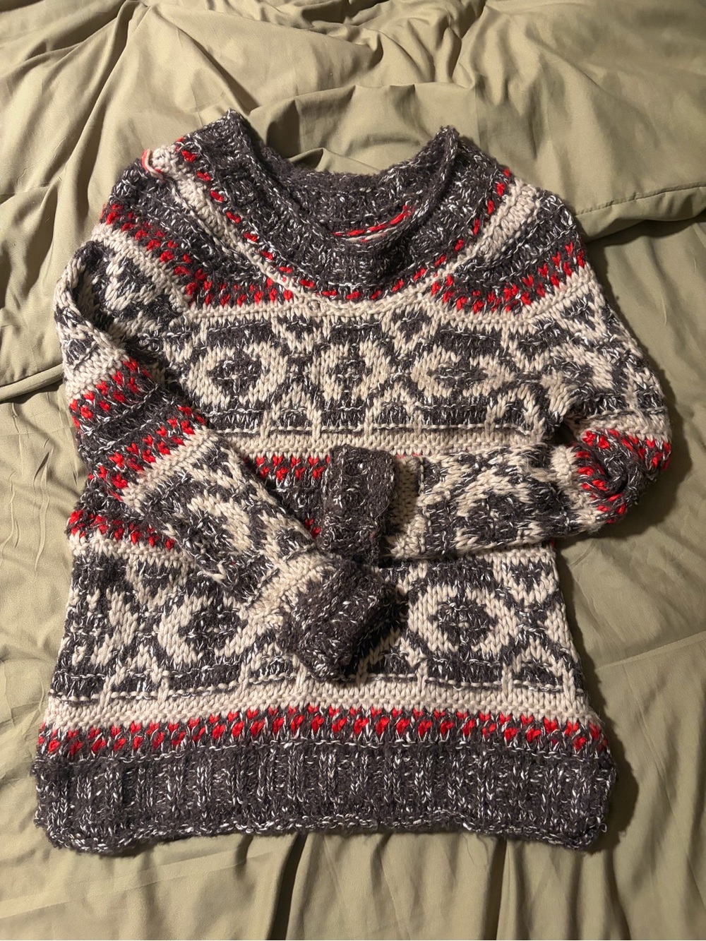 Free People Cozy Wool Blend Fair Isle Knit Sweater - Gray, Cream & Red XS